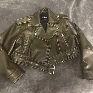 Zara Faux Leather Cropped Biker Jacket in XS and Charcoal